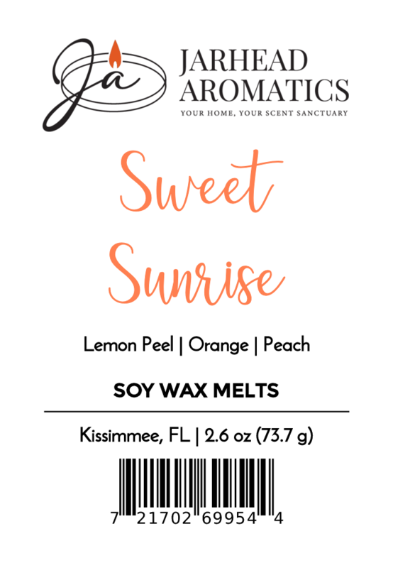 Jarhead Aromatics Sweet Sunrise Soy Wax Melt | Bright Citrus & Peach Wax Melts. Vibrant lemon peel, orange & peach scent. Long-lasting aroma. Includes weight, Kissimmee FL location, barcode, and “Your Home, Your Scent Sanctuary” slogan.
