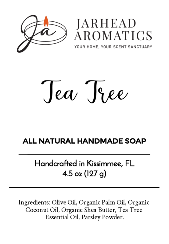 Jarhead Aromatics Tea Tree Handmade Soap – All Natural. Crafted in Kissimmee, FL with olive oil, organic palm oil, coconut oil, shea butter, tea tree essential oil & parsley powder. Net wt: 4.5 oz (127 g).