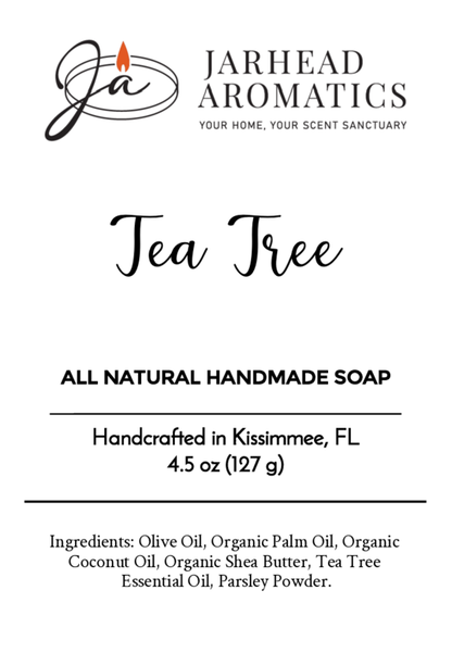 Jarhead Aromatics Tea Tree Handmade Soap – All Natural. Crafted in Kissimmee, FL with olive oil, organic palm oil, coconut oil, shea butter, tea tree essential oil & parsley powder. Net wt: 4.5 oz (127 g).
