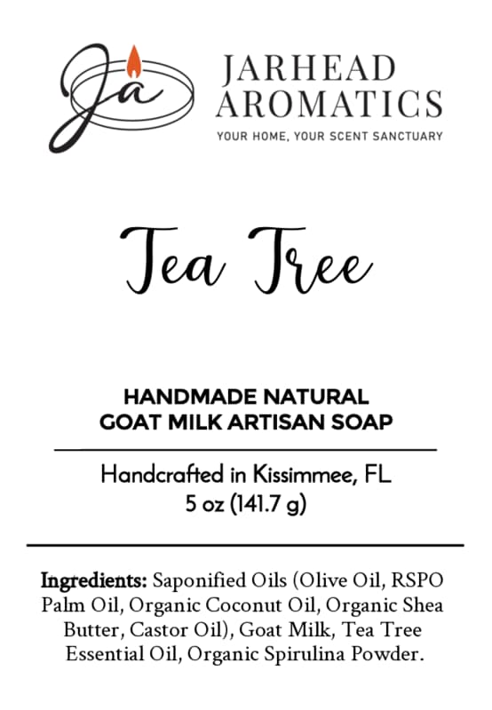 Product label for Jarhead Aromatics Tea Tree Handmade Natural Goat Milk Artisan Soap, 5 oz. This Fresh Herbal Tea Tree Goat Milk Soap is handcrafted in Kissimmee, FL using nourishing oils, pure goat milk, invigorating tea tree essential oil, and natural spirulina powder. Experience the refreshing clean of premium Tea Tree Soap made with care and quality ingredients by Jarhead Aromatics.