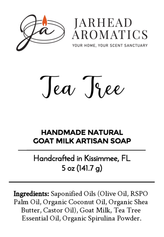 The Jarhead Aromatics Tea Tree Handmade Natural Goat Milk Artisan Soap label features the logo and tagline, lists ingredients, 5 oz weight, handcrafted in Kissimmee, FL.
