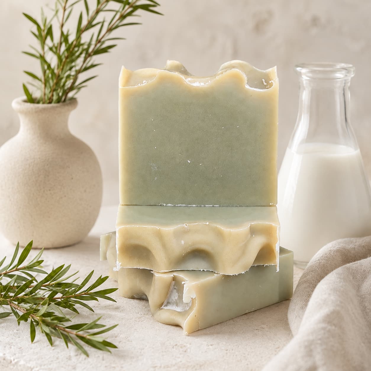 Two bars of Jarhead Aromatics Tea Tree Handmade Natural Goat Milk Artisan Soap are stacked beside a small vase with greenery and a glass bottle of milk, set on a neutral surface with a beige cloth.