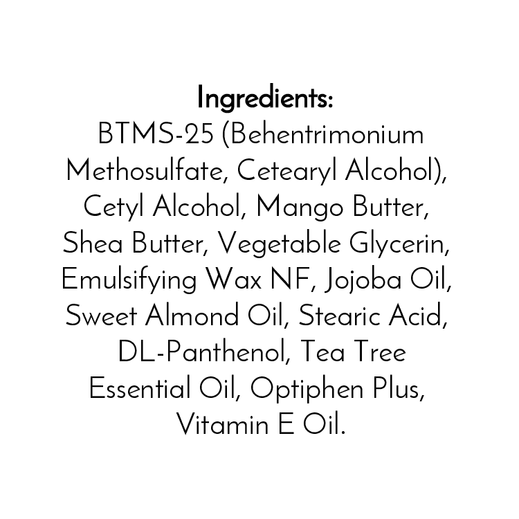 The ingredient list for Jarhead Aromatics' Tea Tree Handmade Natural Conditioner Bar appears in black text on a white background, featuring BTMS-25, cetyl alcohol, mango butter, shea butter, vegetable glycerin, jojoba and sweet almond oils, tea tree oil, Optiphen Plus, and vitamin E.