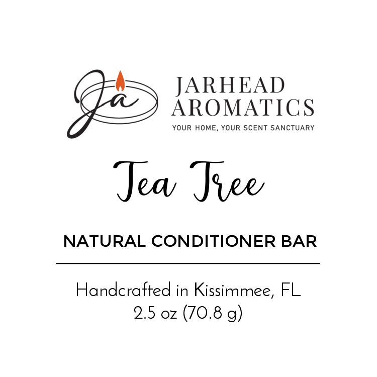 Label for Jarhead Aromatics Tea Tree Handmade Natural Conditioner Bar, plant-based and fragrance-free, crafted in Kissimmee, FL. Includes brand logo. Net wt: 2.5 oz (70.8 g).