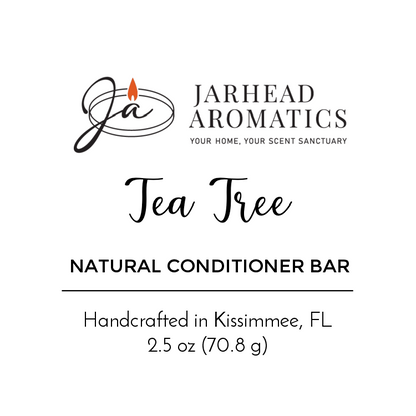 Label for Jarhead Aromatics Tea Tree Handmade Natural Conditioner Bar, plant-based and fragrance-free, crafted in Kissimmee, FL. Includes brand logo. Net wt: 2.5 oz (70.8 g).