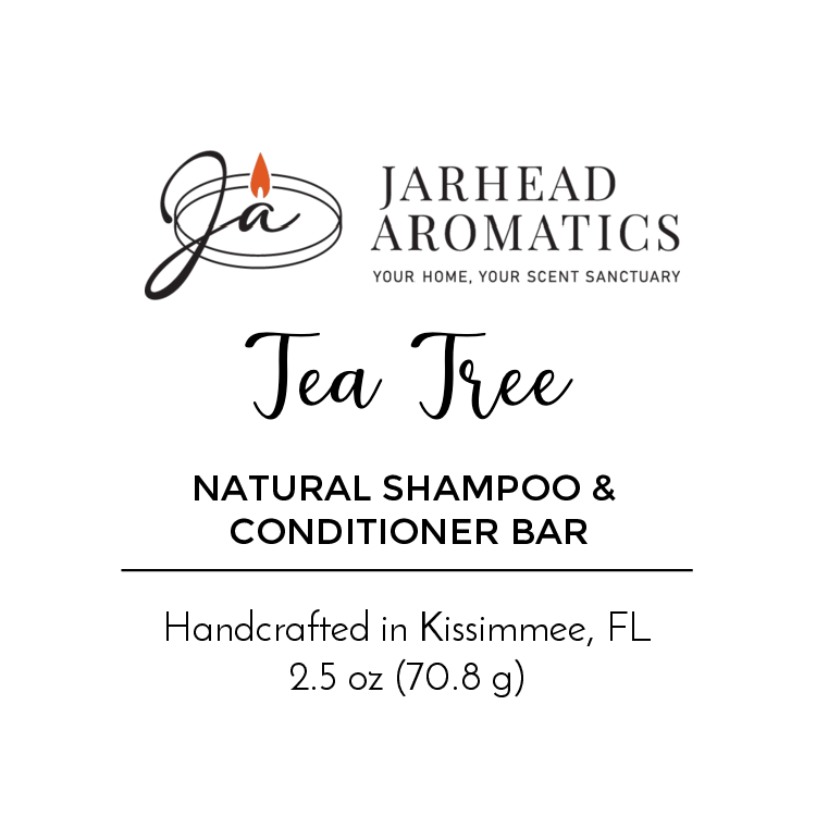 Jarhead Aromatics’ Tea Tree Handmade Natural Shampoo & Conditioner Bar—2.5 oz (70.8 g), handcrafted in Kissimmee, FL. Slogan: Your home, your scent sanctuary.