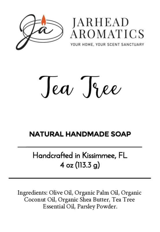 Product label for Jarhead Aromatics Tea Tree Natural Handmade Soap, listing ingredients including olive oil, organic palm oil, organic coconut oil, organic shea butter, tea tree essential oil, and parsley powder.