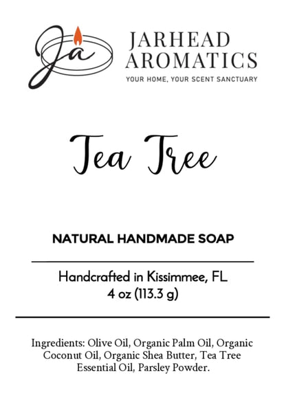 Product label for Jarhead Aromatics Tea Tree Natural Handmade Soap, listing ingredients including olive oil, organic palm oil, organic coconut oil, organic shea butter, tea tree essential oil, and parsley powder.
