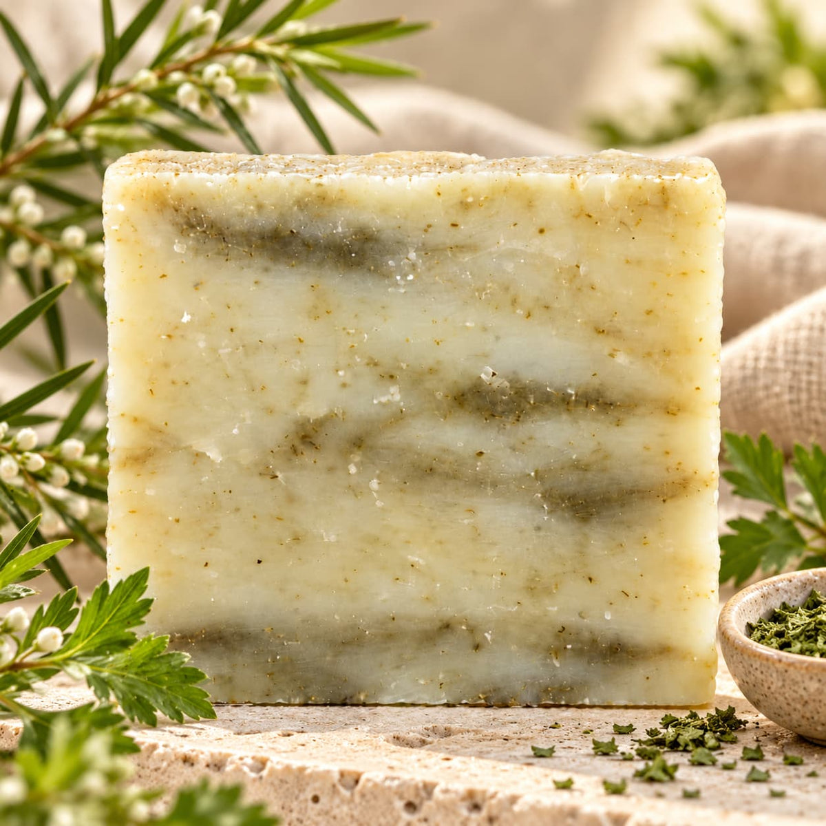 A square bar of Jarhead Aromatics Tea Tree Natural Handmade Soap with green botanical swirls and visible herb flecks.