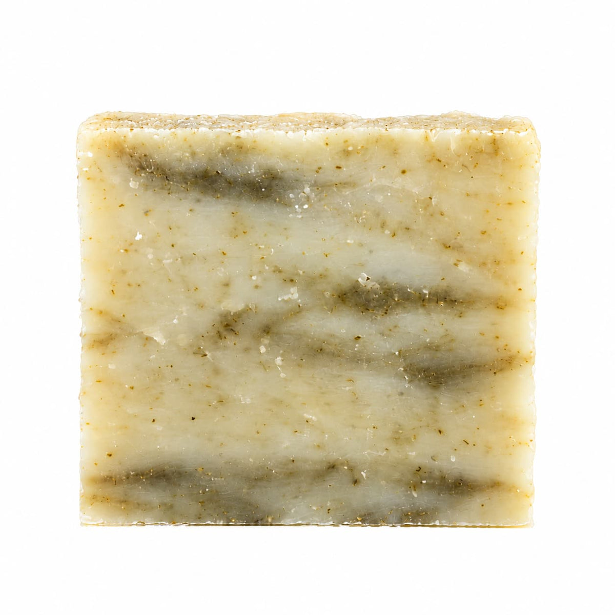 Square bar of Jarhead Aromatics Tea Tree Natural Handmade Soap with a marbled, textured appearance and visible herbal flecks.