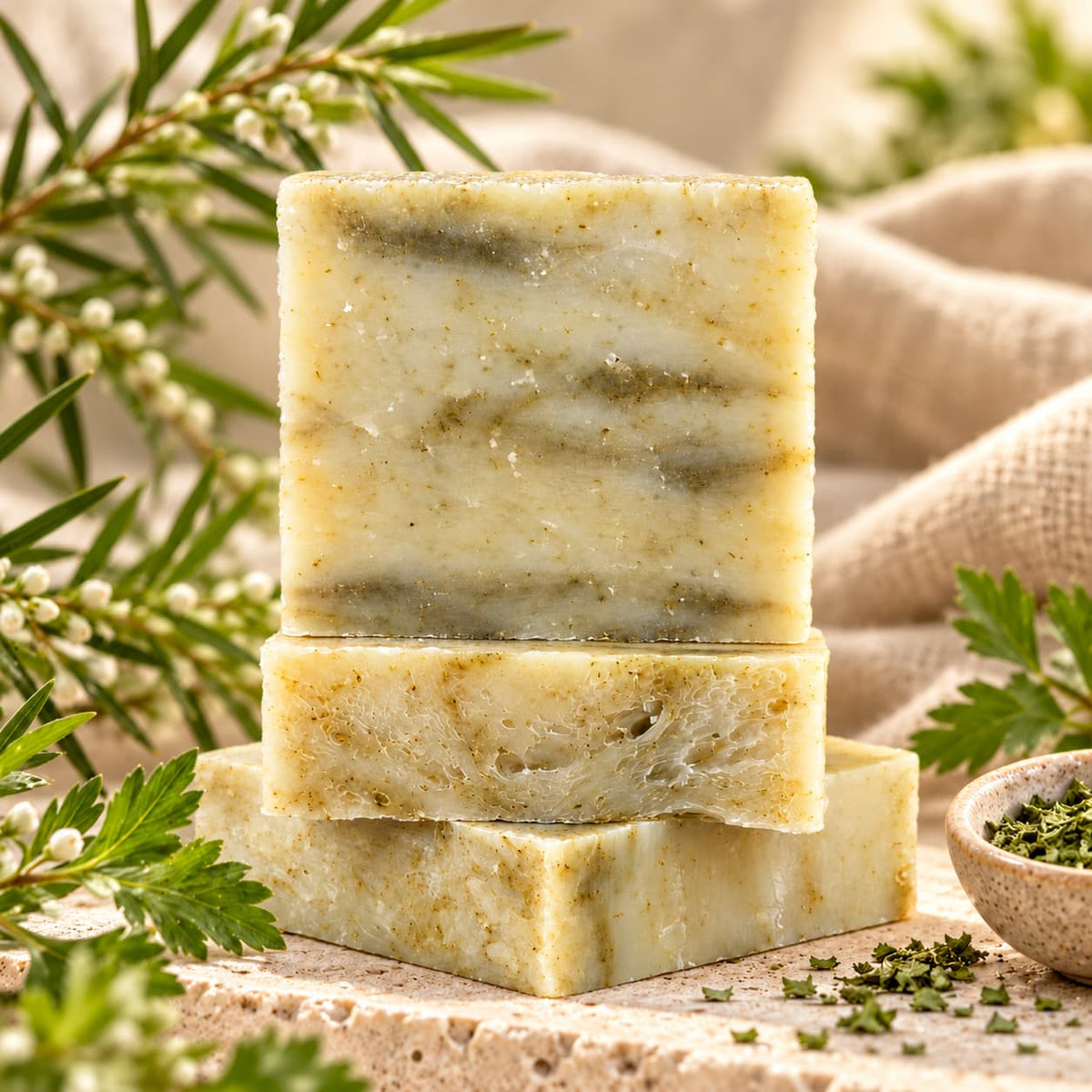 Three stacked bars of textured, herb-flecked Tea Tree Natural Handmade Soap by Jarhead Aromatics surrounded by sprigs of greenery.