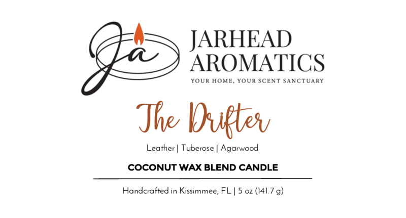A label for Jarhead Aromatics shows their logo with a candle flame, the slogan "Your Home, Your Scent Sanctuary," and details about The Drifter Handmade Non-Toxic Coconut Wax Blend Candle: 5 oz Ceramic Container.