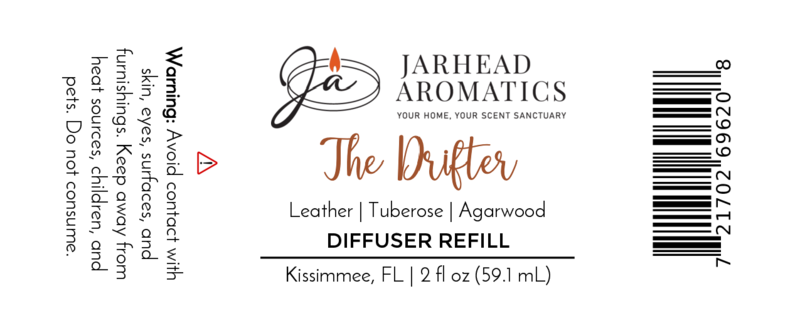 Label for Jarhead Aromatics The Drifter Diffuser Refill | Leather, Tuberose & Agarwood Western Home Fragrance Oil Refill. Size: 2 fl oz (59.1 mL). Warnings and usage instructions included. Made in Kissimmee, FL.
