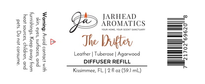 Label for Jarhead Aromatics The Drifter Diffuser Refill | Leather, Tuberose & Agarwood Western Home Fragrance Oil Refill. Size: 2 fl oz (59.1 mL). Warnings and usage instructions included. Made in Kissimmee, FL.