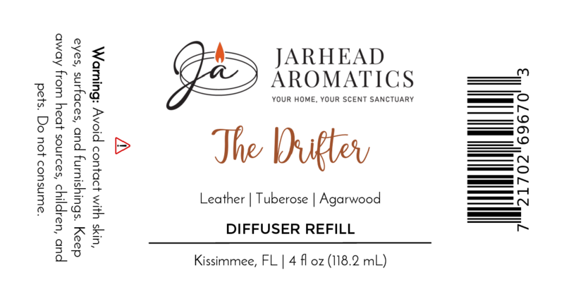 The Drifter Diffuser Refill by Jarhead Aromatics features a western scent of leather, tuberose, and agarwood. Label includes product name, warning, barcode, 4 fl oz refill size. Made in Kissimmee, FL.