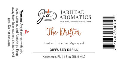 The Drifter Diffuser Refill by Jarhead Aromatics features a western scent of leather, tuberose, and agarwood. Label includes product name, warning, barcode, 4 fl oz refill size. Made in Kissimmee, FL.