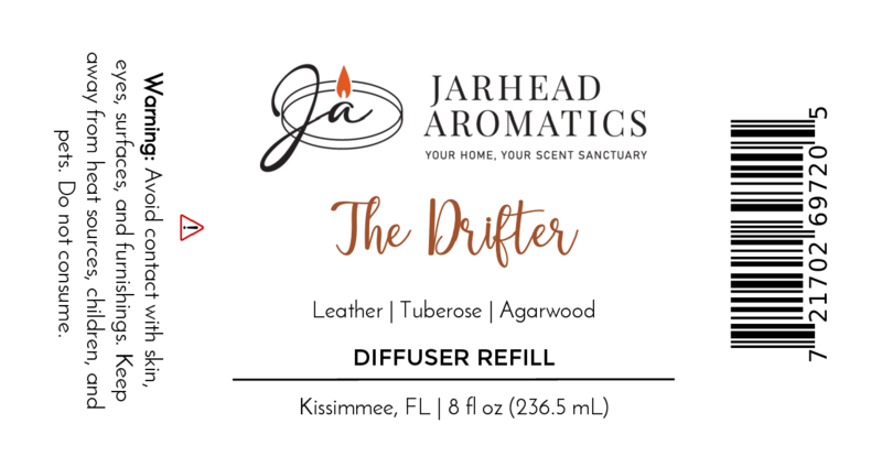 Jarhead Aromatics The Drifter Diffuser Refill features a western blend of leather, tuberose, and agarwood. Avoid contact with skin, eyes, surfaces, and pets. Product size: 8 fl oz.