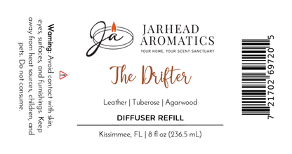 Jarhead Aromatics The Drifter Diffuser Refill features a western blend of leather, tuberose, and agarwood. Avoid contact with skin, eyes, surfaces, and pets. Product size: 8 fl oz.