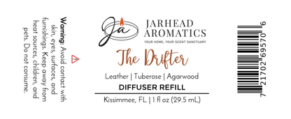 Jarhead Aromatics The Drifter Car Diffuser Refill – Leather, Tuberose & Agarwood western scent. Label includes product details, warning text, barcode; car diffuser refill size: 1 fl oz (29.5 mL).