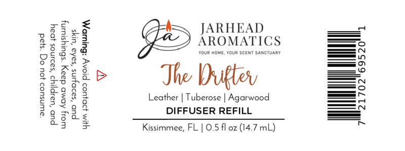 Jarhead Aromatics The Drifter Cold Air Diffuser Refill | Leather & Agarwood Luxury Diffuser Oil Refill. 0.5 fl oz (14.7 mL). Warning: Avoid contact with skin and eyes.