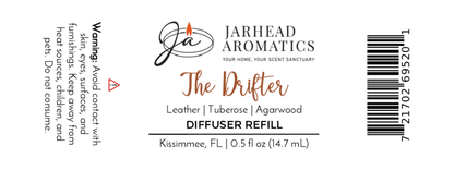 Jarhead Aromatics The Drifter Cold Air Diffuser Refill | Leather & Agarwood Luxury Diffuser Oil Refill. 0.5 fl oz (14.7 mL). Warning: Avoid contact with skin and eyes.
