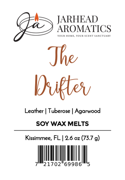 Jarhead Aromatics The Drifter Soy Wax Melt | Leather & Agarwood Western Wax Melts. Old West-inspired scent with tuberose and agarwood. Includes logo, Kissimmee, FL, 2.6 oz weight, and barcode on label.