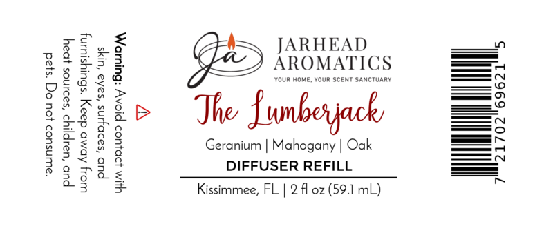 Label for The Lumberjack Diffuser Refill by Jarhead Aromatics—features woodsy mahogany, cedar, and oak. Ideal for lovers of masculine scents. Includes warnings, usage instructions, and product size (2 fl oz/59.1 mL).