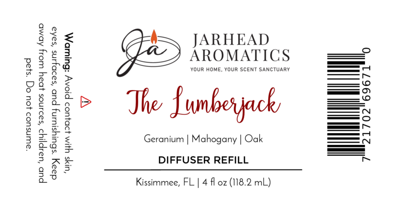 Product label for Jarhead Aromatics The Lumberjack Diffuser Refill in Kissimmee, FL. Features woodsy mahogany, cedar & oak notes for a bold home fragrance. Usage warning and barcode displayed on the right.