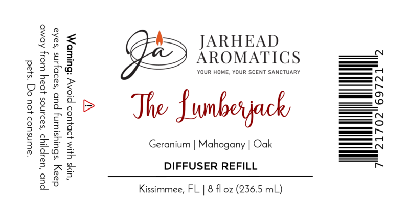 Label for Jarhead Aromatics The Lumberjack Diffuser Refill—woodsy mahogany, cedar, and oak scent. Includes warning text, masculine notes, 8 fl oz volume, barcode, and Kissimmee, FL location.