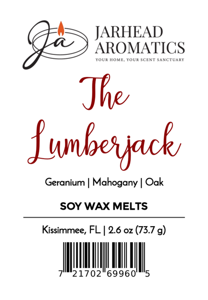 Label for Jarhead Aromatics' The Lumberjack Soy Wax Melt | Mahogany Cedar & Oak, hand-poured soy wax melts with woodsy scent. Includes logo, 2.6 oz/73.7g, barcode. Made in Kissimmee, FL.