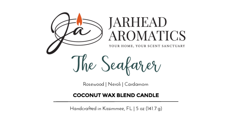 Jarhead Aromatics’ The Seafarer Handmade Non-Toxic Coconut Wax Blend Candle (5 oz ceramic) features an ocean-inspired scent of rosewood, neroli, and cardamom. Label: “Your Home, Your Scent Sanctuary.” Handcrafted in Kissimmee, FL.