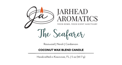 Jarhead Aromatics’ The Seafarer Handmade Non-Toxic Coconut Wax Blend Candle (5 oz ceramic) features an ocean-inspired scent of rosewood, neroli, and cardamom. Label: “Your Home, Your Scent Sanctuary.” Handcrafted in Kissimmee, FL.