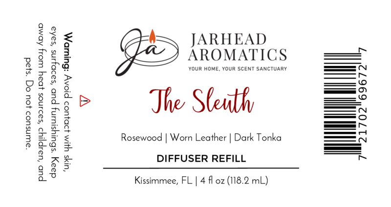 Jarhead Aromatics The Sleuth Diffuser Refill | Rosewood, Leather & Sandalwood Mystery. Masculine fragrance oil. Avoid contact; use safely. 4 fl oz. Barcode on right.