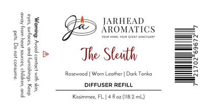 Jarhead Aromatics The Sleuth Diffuser Refill | Rosewood, Leather & Sandalwood Mystery. Masculine fragrance oil. Avoid contact; use safely. 4 fl oz. Barcode on right.