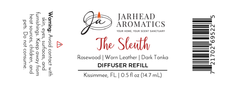 Jarhead Aromatics The Sleuth Cold Air Diffuser Refill | Leather & Sandalwood Luxury Diffuser Oil Refill. Avoid contact with skin and eyes. Net wt 0.5 fl oz (14.7 mL).