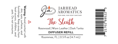 Jarhead Aromatics The Sleuth Cold Air Diffuser Refill | Leather & Sandalwood Luxury Diffuser Oil Refill. Avoid contact with skin and eyes. Net wt 0.5 fl oz (14.7 mL).