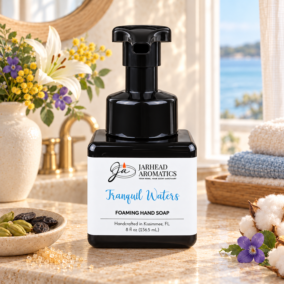 A square black Tranquil Waters Handmade Foaming Hand Soap | Marine, Lily & Tonka Bean pump bottle with a white label, centered on a bathroom vanity with flowers and bath towels nearby.