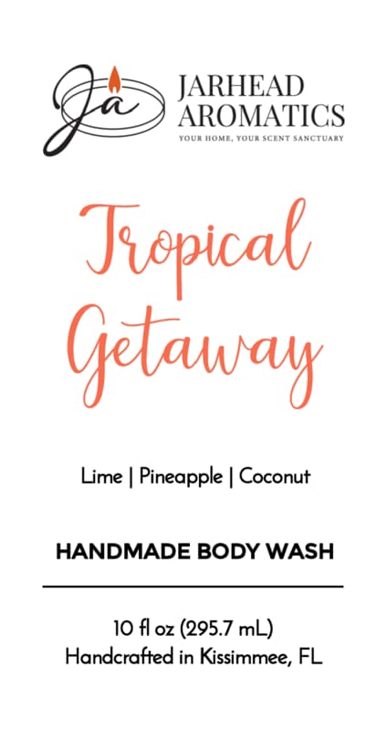 Jarhead Aromatics Tropical Getaway Handmade Body Wash | Moisturizing Body Wash with Organic Aloe & Plant-Based Oils—Handcrafted in Kissimmee, FL, this 10 fl oz body wash features invigorating lime, pineapple, and coconut scents for a refreshing tropical escape.