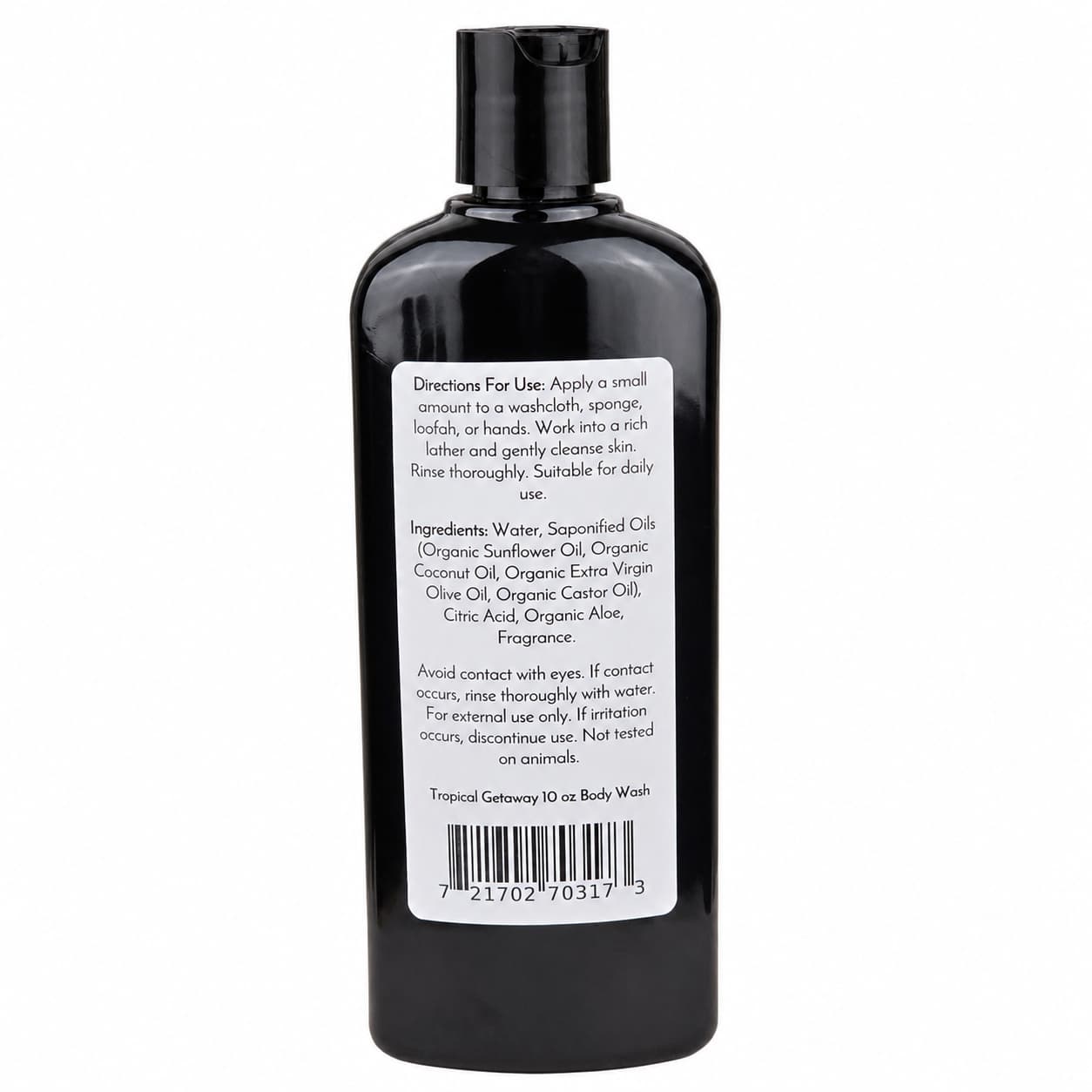 A black bottle featuring a label with directions, ingredients, and warnings for Jarhead Aromatics' Tropical Getaway Handmade Body Wash | Moisturizing Body Wash with Organic Aloe & Plant-Based Oils. The label also displays a barcode at the bottom and identifies the product as a 10 oz organic body wash.