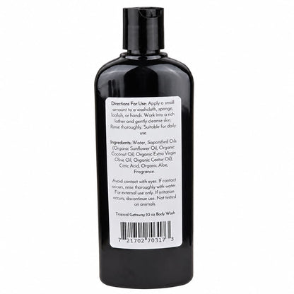 A black bottle featuring a label with directions, ingredients, and warnings for Jarhead Aromatics' Tropical Getaway Handmade Body Wash | Moisturizing Body Wash with Organic Aloe & Plant-Based Oils. The label also displays a barcode at the bottom and identifies the product as a 10 oz organic body wash.