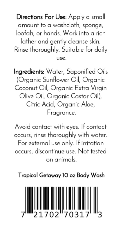Back label of Jarhead Aromatics’ Tropical Getaway Handmade Body Wash featuring usage directions, a list of ingredients including organic aloe and plant-based oils, cautionary information about avoiding eye contact, a statement that this moisturizing body wash is cruelty-free, and a barcode located at the bottom.