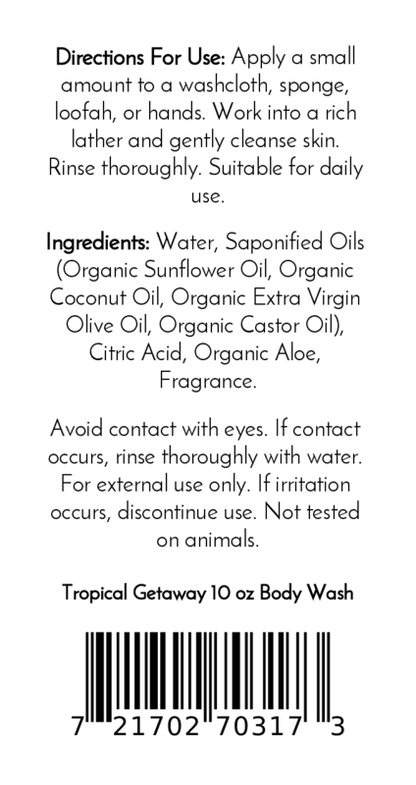 Black text on a white label lists directions, ingredients, and warnings for Jarhead Aromatics’ Tropical Getaway Handmade Body Wash with organic aloe and plant-based oils. This 10 oz bottle features a barcode at the bottom.