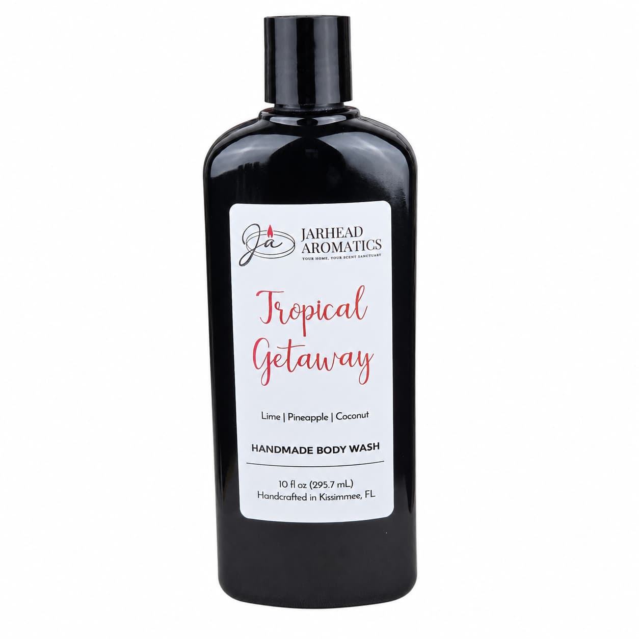 A 10 fl oz black bottle of Jarhead Aromatics Tropical Getaway Handmade Body Wash, featuring lime, pineapple, and coconut scents. This organic body wash is handcrafted in Kissimmee, FL and made with moisturizing organic aloe and plant-based oils.