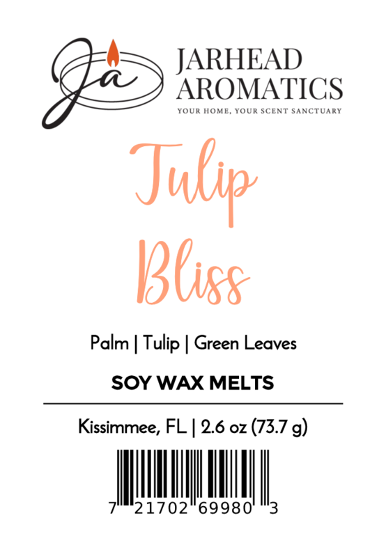 Jarhead Aromatics Tulip Bliss Soy Wax Melt—Peach, floral, and tulip scented melts with green leaves notes. 2.6 oz (73.7 g), Kissimmee, FL. Includes logo & barcode.