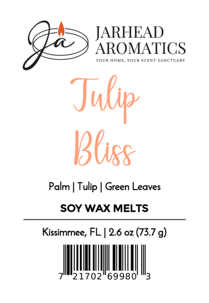 Jarhead Aromatics Tulip Bliss Soy Wax Melt—Peach, floral, and tulip scented melts with green leaves notes. 2.6 oz (73.7 g), Kissimmee, FL. Includes logo & barcode.