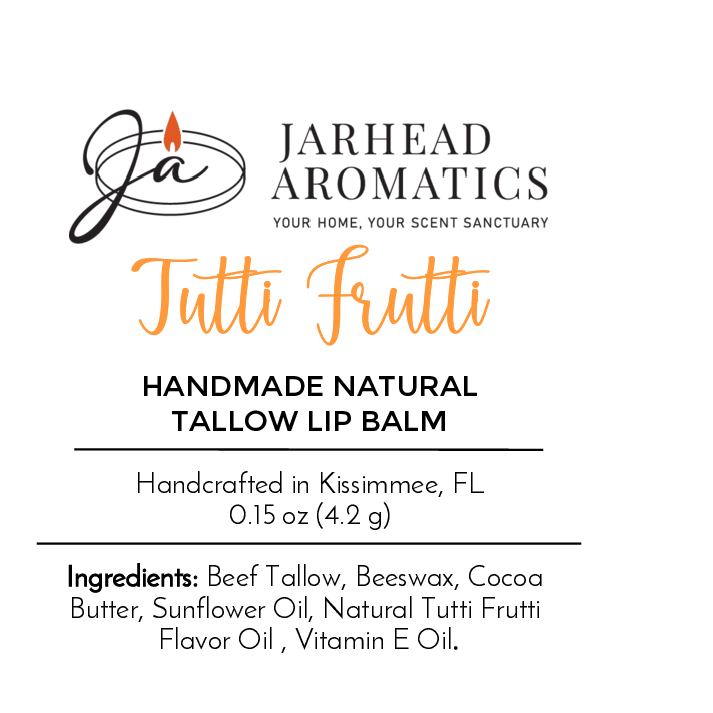 Jarhead Aromatics Tallow Handmade Natural Lip Balm - Assorted Flavors, made from grass-fed beef tallow. Ingredients listed. Handcrafted in Kissimmee, FL. Net wt: 0.15 oz (4.2 g).