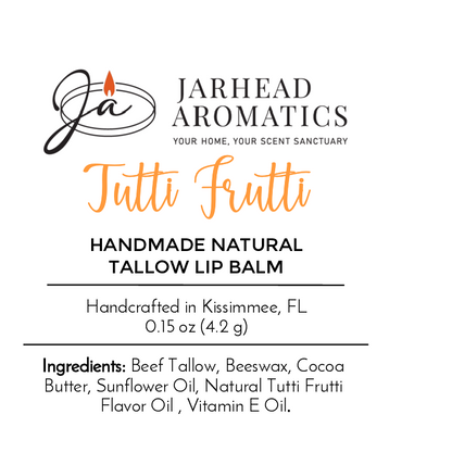 Jarhead Aromatics Tallow Handmade Natural Lip Balm - Assorted Flavors, made from grass-fed beef tallow. Ingredients listed. Handcrafted in Kissimmee, FL. Net wt: 0.15 oz (4.2 g).