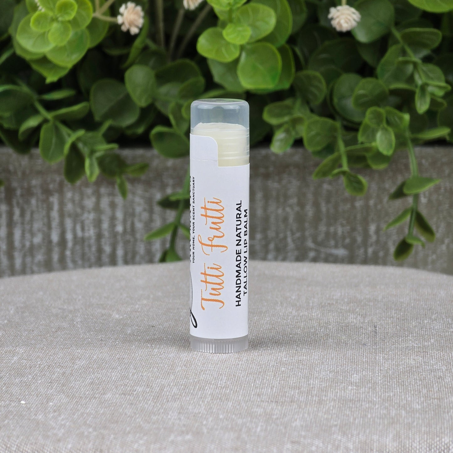 A tube of Jarhead Aromatics Tallow Handmade Natural Lip Balm in assorted flavors stands upright on a gray surface, with green leafy plants in the background.