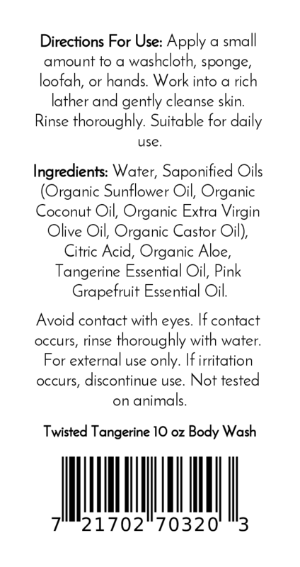 Jarhead Aromatics Twisted Tangerine Handmade Natural Body Wash 10 oz label features directions, ingredients including organic aloe and plant-based oils, safety info, and a barcode. Text is black on white.