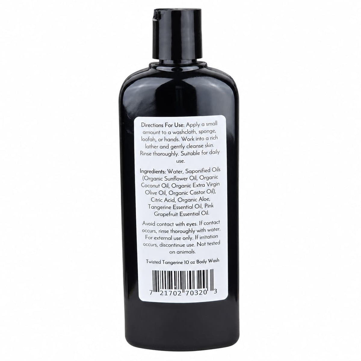 A black bottle labeled with directions, ingredients, and a barcode features Jarhead Aromatics' Twisted Tangerine Handmade Natural Body Wash—a moisturizing body wash crafted with organic aloe, plant-based oils such as sunflower and olive, and essential oils. Suitable for daily use and not tested on animals.